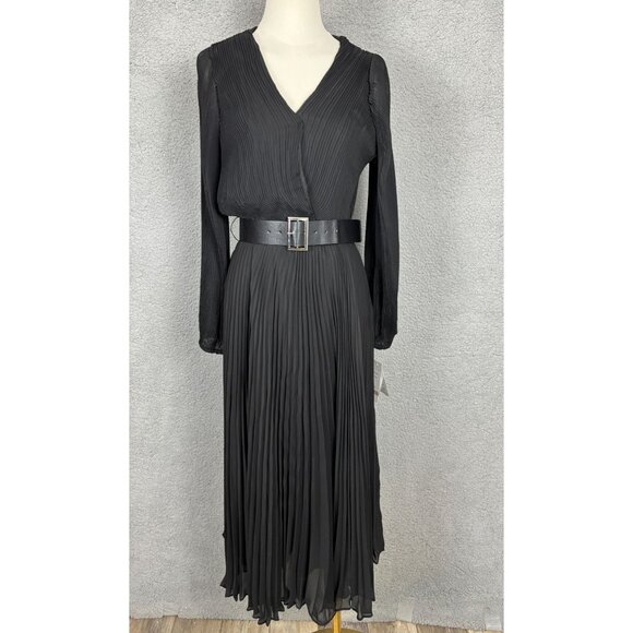Taylor Women's Black Pleated Belted Fit & Flare Midi Chiffon Dress 12 NWT's. - Picture 1 of 8
